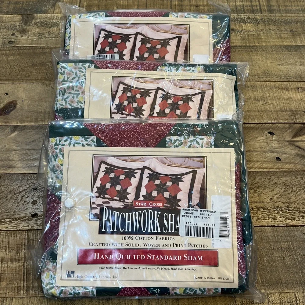 Vintage Patchwork STANDARD Pillow Shams High Country Linen Quilted STAR CROSS X3
